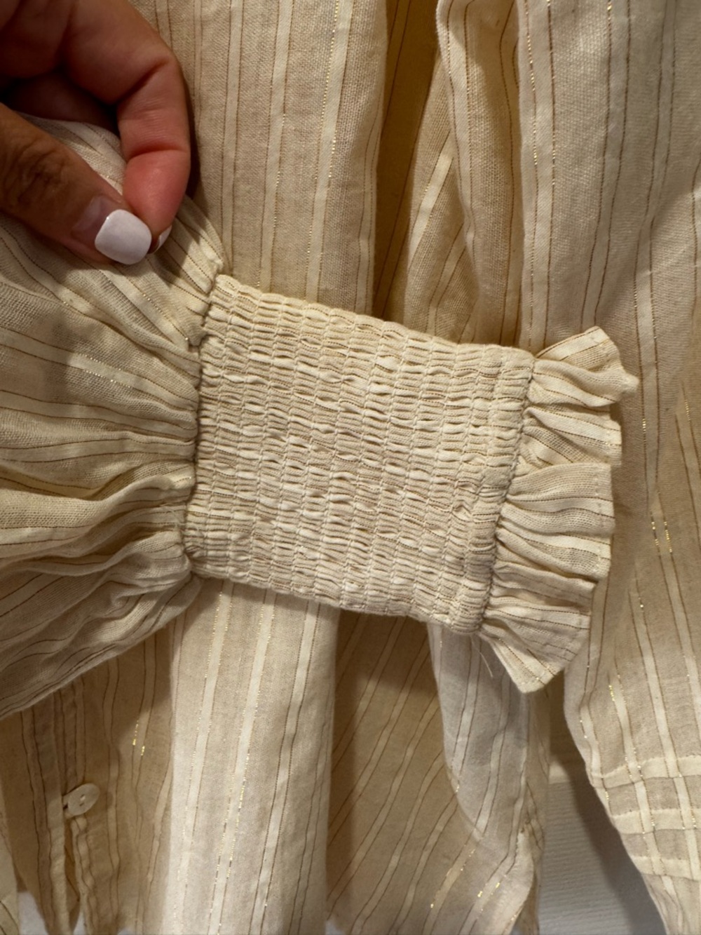 Cleobella Cream Ari Metallic Sparkle Stripe Ruffled Long Sleeve Peasant Blouse S - Picture 10 of 14